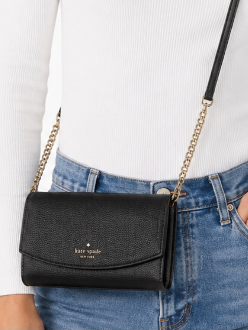 NEW! Kate Spade Eva Wallet On A Chain – Black Pebbled Leather